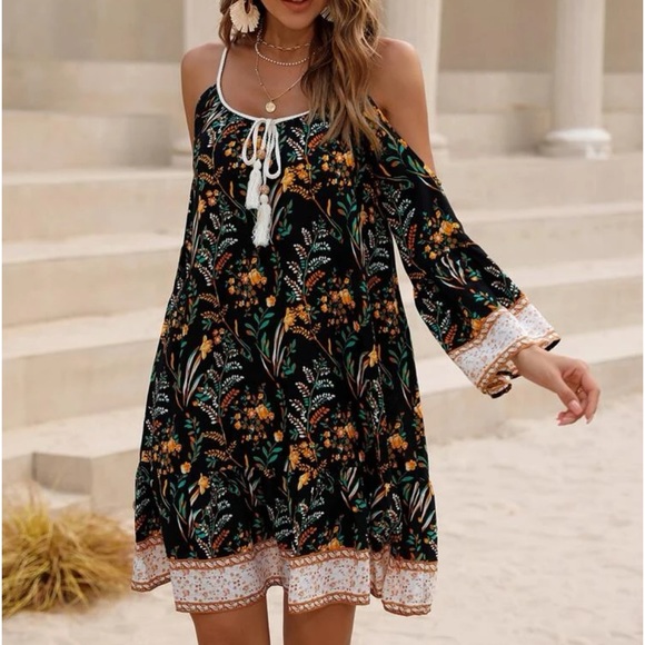 Boho Floral Print Cold Shoulder Flare Sleeve Tassel Tie Dress - Picture 15 of 16